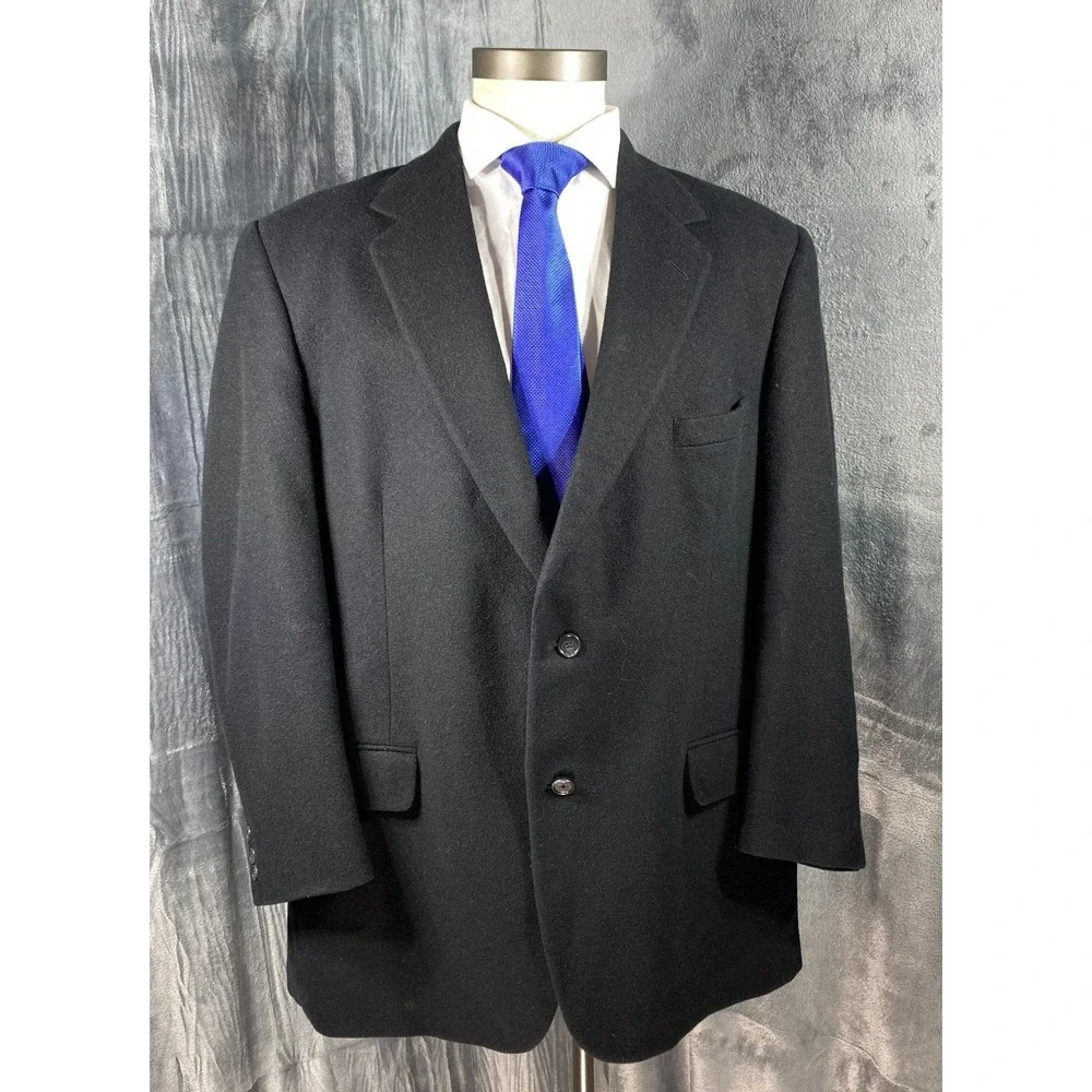 Vintage Camel Hair Blazer 46L Black Two Button Sport Coat Old Money Suit Jacket